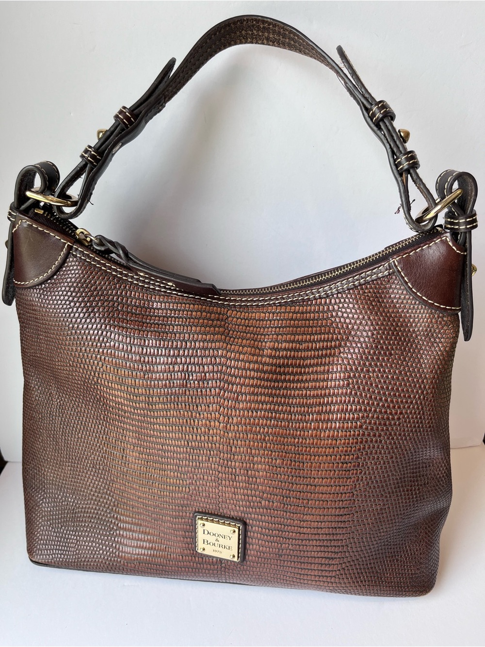 Dooney & Bourke Embossed Lizard Brown Leather Hobo Shoulder Bag